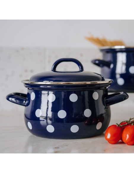 Garnek emaliowany 2,6 l z pokrywką granatowy BIAŁE GROCHY 18 cm Belis