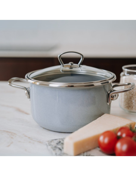 Garnek emaliowany PREMIUM GREY 1,5 l ze szklaną pokrywką 16 cm Belis