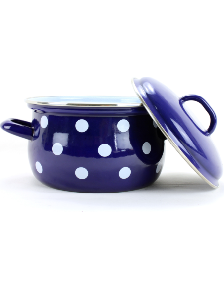 Garnek emaliowany 2,6 l z pokrywką granatowy BIAŁE GROCHY 18 cm Belis