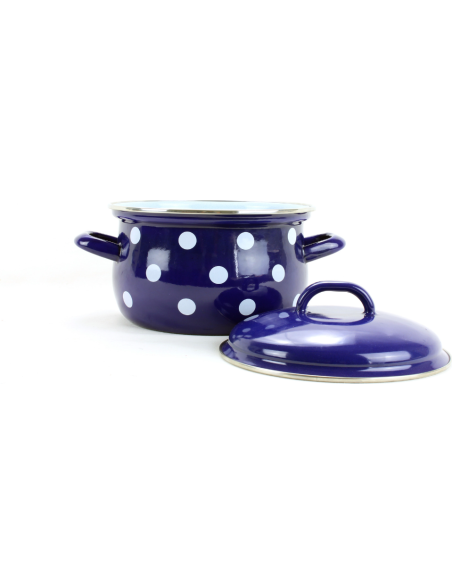 Garnek emaliowany 2,6 l z pokrywką granatowy BIAŁE GROCHY 18 cm Belis