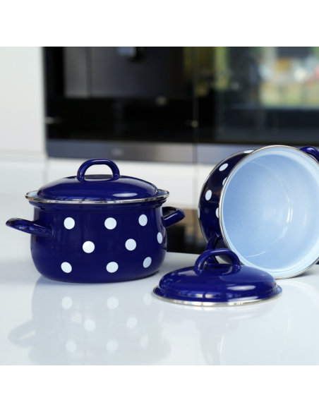 Garnek emaliowany 2,6 l z pokrywką granatowy BIAŁE GROCHY 18 cm Belis