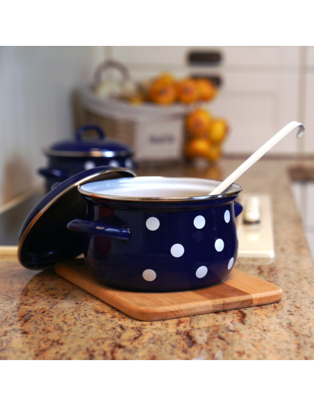 Garnek emaliowany 2,6 l z pokrywką granatowy BIAŁE GROCHY 18 cm Belis