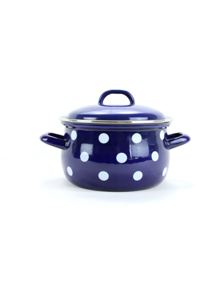 Garnek emaliowany 2,6 l z pokrywką granatowy BIAŁE GROCHY 18 cm Belis